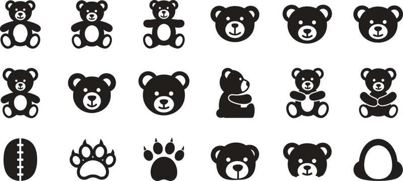Assorted teddy bear icons in various poses and styles with standing sleeping friendship