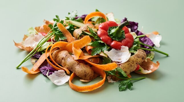 Fresh vegetable scraps, including carrot peels, potato skins, onion layers, bell pepper tops, and parsley stems, are piled for composting on a light green background. 