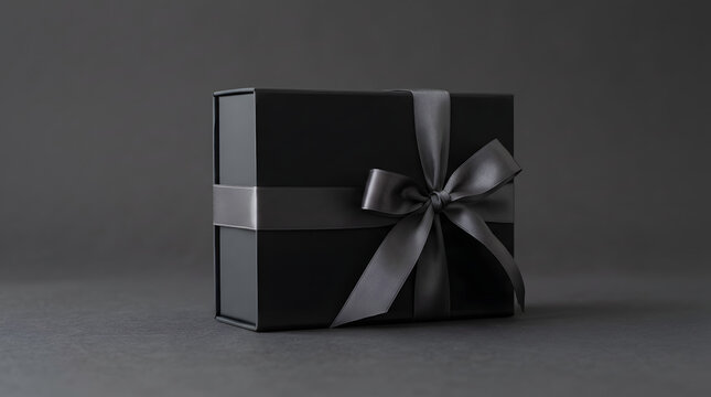 A black gift box with a satin ribbon bow on a dark background for celebration