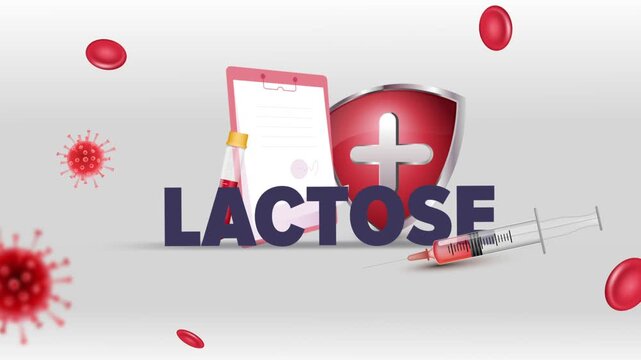 Lactose Typography with Patient Clipboard, Blood Test Tube, Syringe, Red Cross Shield and Red Blood Cells on White Background