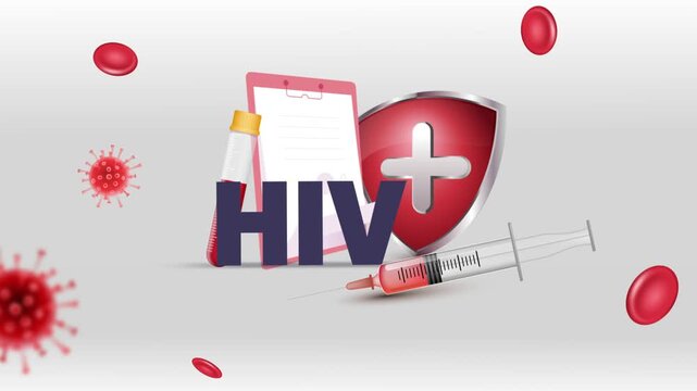 HIV Typography with Patient Clipboard, Blood Test Tube, Syringe, Red Cross Shield and Red Blood Cells on White Background