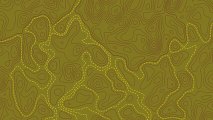 Olive green topographic map line pattern with hiking trail paths background © MdAsif