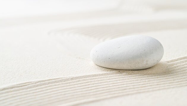 Japanese Dry Garden Texture Concept. Smooth white stone resting on textured white sand with raked lines.