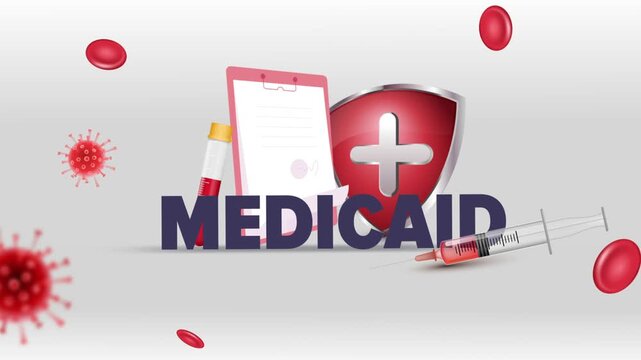 Medicaid Typography with Patient Clipboard, Blood Test Tube, Syringe, Red Cross Shield and Red Blood Cells on White Background