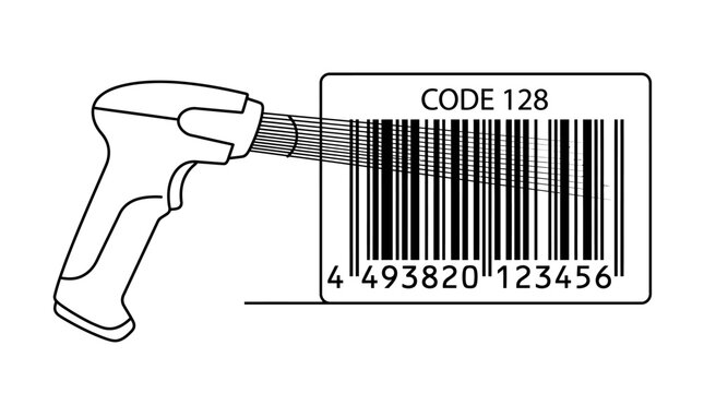 Handheld barcode scanner reading a product label with code 128 symbology.