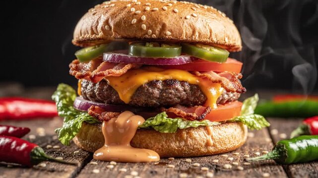 Delicious juicy beef burger with melted cheese and crispy bacon served hot with steam and dripping sauce
