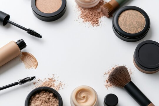 The makeup kit and tools spread across a clean white surface