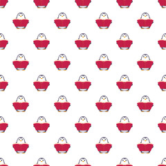 Penguin characters reading red books creating a cute, educational, seamless pattern on white background