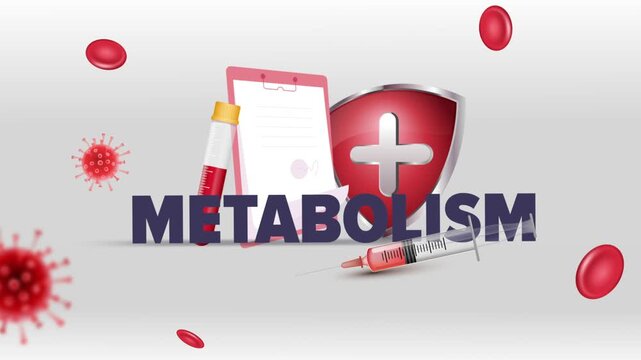 Metabolism Typography with Patient Clipboard, Blood Test Tube, Syringe, Red Cross Shield and Red Blood Cells on White Background