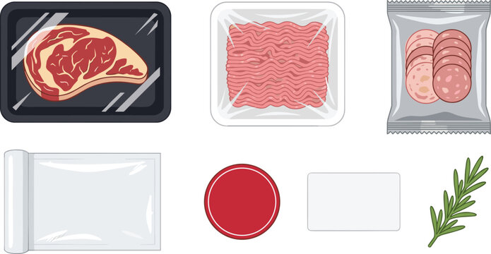 Meat Packaging Illustration Set With Steak Bacon Sausage Vacuum Packs And Food Label Elements Collection