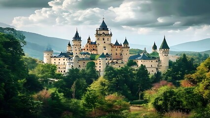 Obraz premium Medieval castle on lush green hilltop with dramatic sky.
