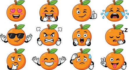 Fototapeta premium Cute Orange Fruit Character Illustration Set With Funny Emotions Expressions And Cartoon Citrus Mascot Collection