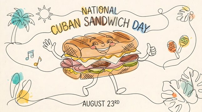 Continuous Line Art with Color Accents Illustration National Cuban Sandwich Day Happy Cuban Sandwich 