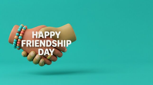 Happy Friendship Day greeting card with 3D handshake, diverse hands with beaded bracelets on teal background, social media celebration banner