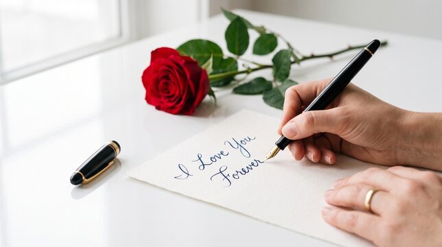 Romantic handwritten love letter with red rose, person writing I Love You Forever on paper with fountain pen, elegant wedding anniversary card