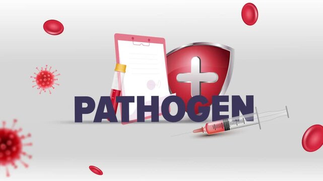 Pathogen Typography with Patient Clipboard, Blood Test Tube, Syringe, Red Cross Shield and Red Blood Cells on White Background
