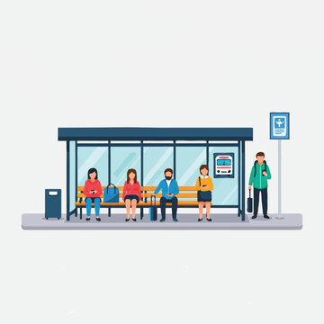 People Waiting at City Bus Stop Flat Vector Illustration