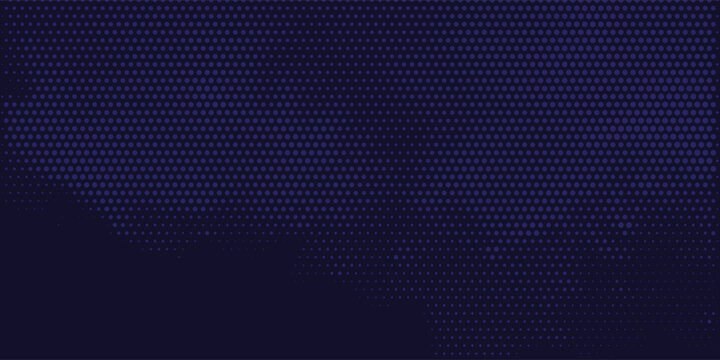 Abstract dark blue monochrome background with geometric halftone dots pattern. Modern retro pop art style textured vector illustration graphic design asset for banner or poster.