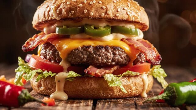 Delicious juicy beef burger with melted cheese and crispy bacon served hot with steam and dripping sauce