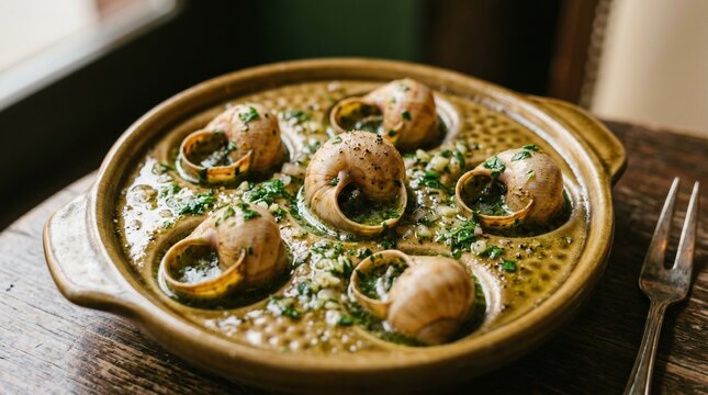 Traditional french escargot baked in garlic herb butter sauce served in classic ceramic snail dish on rustic wooden table with vintage silver fork accessory nearby.