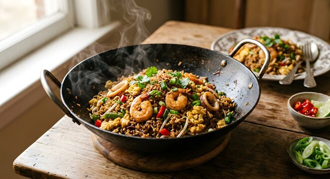 Steaming Indonesian Seafood Fried Rice Nasi Goreng with Shrimp and Squid in Iron Wok