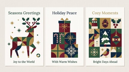 Fototapeta premium Mid-Century Modern Christmas Greeting Card Collection with Flat Geometric Deer, Stacked Gift Boxes, Grid Pattern, and Retro Festive Elements