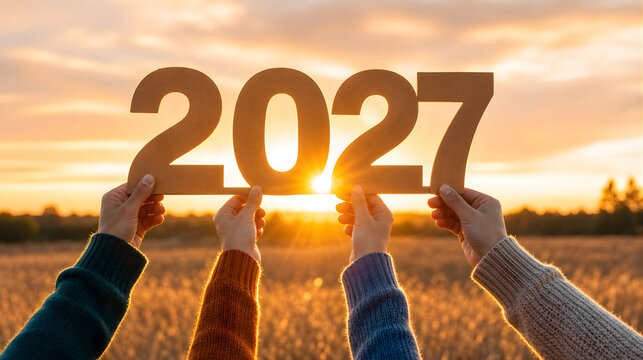 People holding 2027 cardboard numbers against a golden sunset sky in a field of dry grass