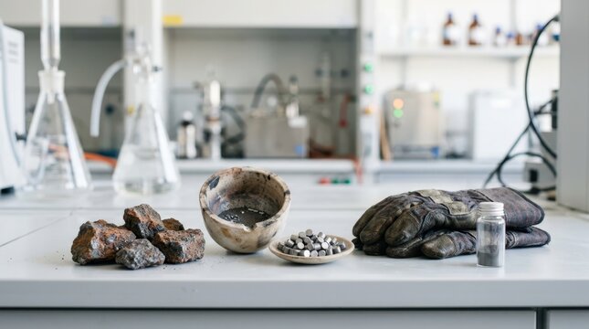 Wolframite ore, refractory crucible, sintered metal pellets, and sample vial on a workbench for tungsten processing and materials research.