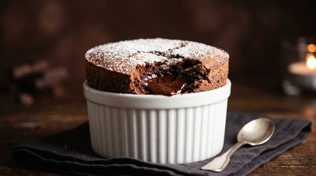 Warm chocolate fondant lava cake in white ceramic ramekin featuring molten liquid center dusted with powdered sugar and served on black napkin with silver spoon.