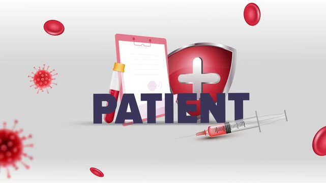 Patient Typography with Patient Clipboard, Blood Test Tube, Syringe, Red Cross Shield and Red Blood Cells on White Background