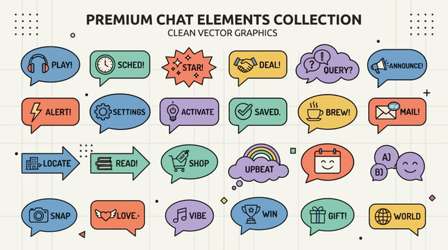 Speech bubbles containing various symbols and text labels facilitate clear online interaction design.