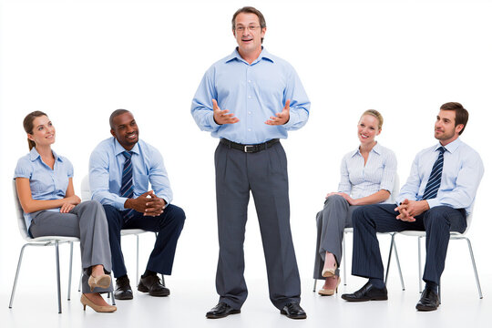 Manager Speaking to Standing Colleagues During Business Meeting Isolated on White Background