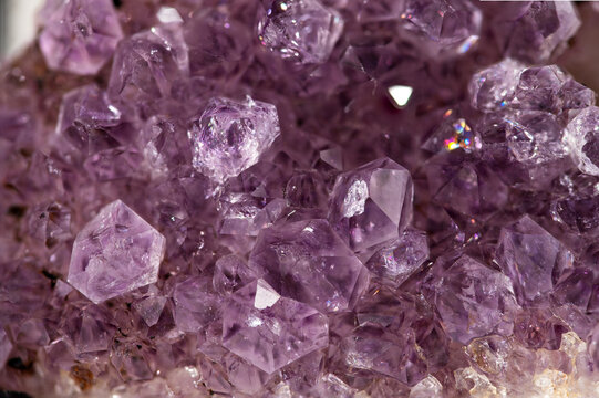 Close view of amethyst crystals showing their unique shapes and colors in a natural setting