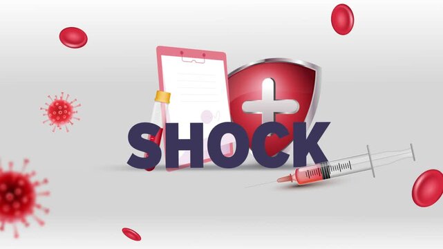 Shock Typography with Patient Clipboard, Blood Test Tube, Syringe, Red Cross Shield and Red Blood Cells on White Background