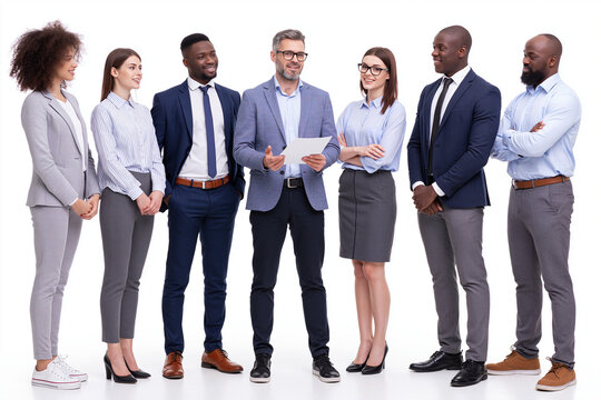 Multicultural Professionals Standing During Business Meeting Isolated on White Background