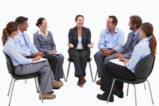 Woman Leading Team Meeting While Colleagues Take Notes Isolated on White Background