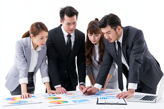 Business Team Reviewing Financial Reports During Meeting Isolated on White Background