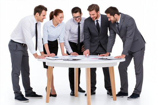 Business Team Reviewing Financial Reports During Meeting Isolated on White Background
