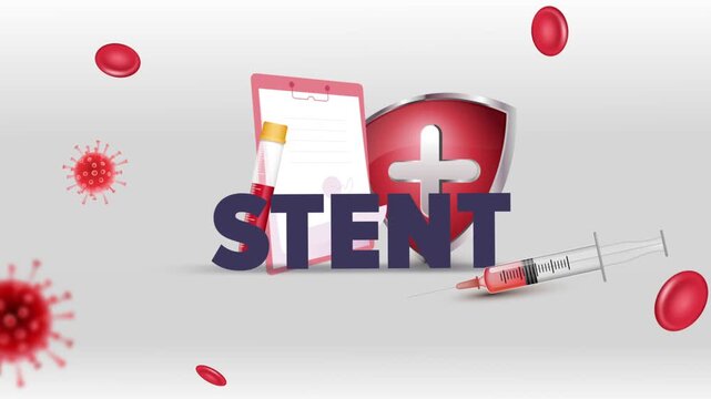 Stent Typography with Patient Clipboard, Blood Test Tube, Syringe, Red Cross Shield and Red Blood Cells on White Background