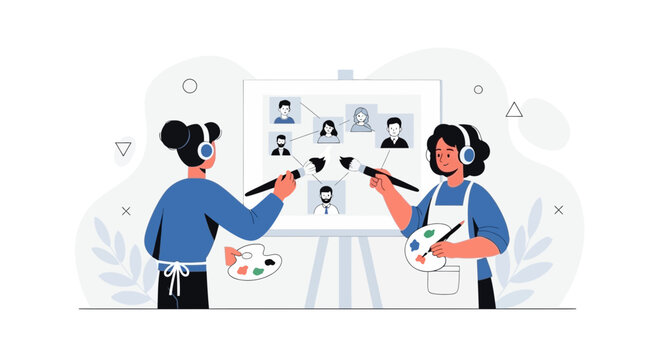 Creative Collaboration: Artists painting a network of people and ideas on a canvas