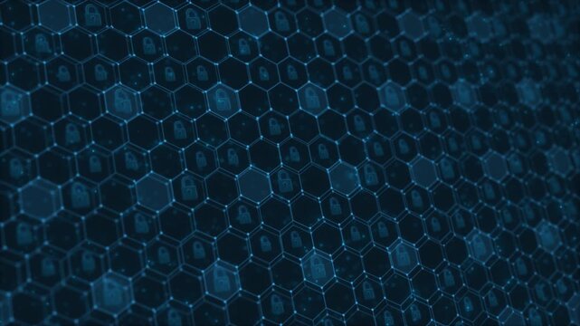 Cyber lock hex grid visual with blue secure pattern, padlock symbols, particle depth, and dark digital atmosphere. Perfect for authentication videos, privacy reports, security titles, and overlays.