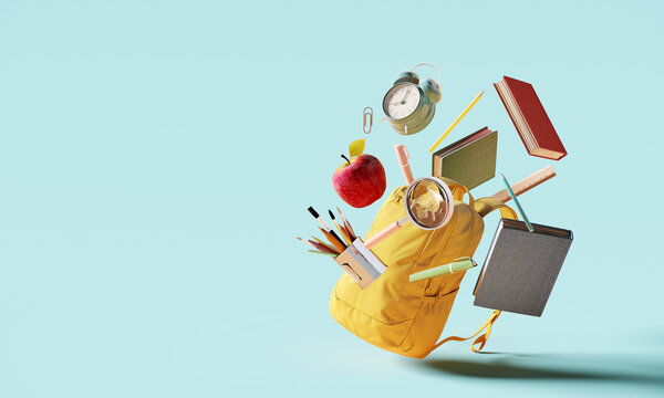 Yellow backpack with alarm clock and school equipment. Back to school concept on blue background with copy space. 3D Rendering, 3D Illustration