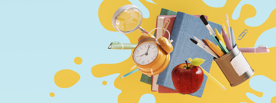 Back to school. School accessory on blue background with copy space. 3D Rendering, 3D Illustration