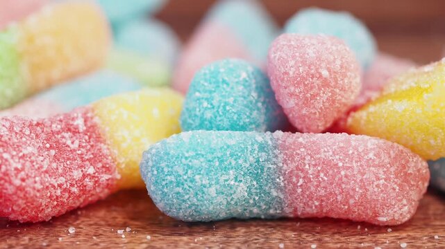 Close up motion of colorful sour gummy candies covered in sugar on a wooden table