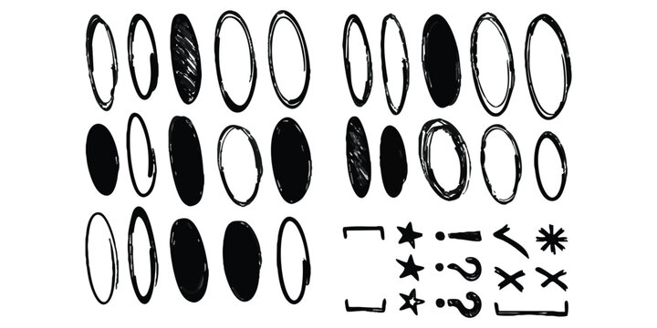 Set of hand drawn circles and marker doodles including stars and punctuation marks
