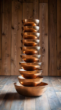 Singing bowls made of bronze are stacked in a perfect vertical tower against a rustic wooden wall, creating a serene atmosphere suitable for meditation practices and mindfulness therapy sessions.