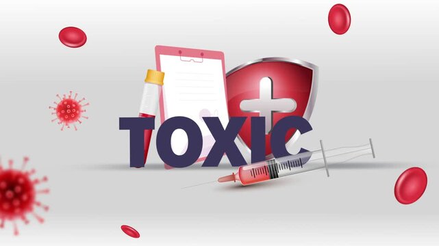 Toxic Typography with Patient Clipboard, Blood Test Tube, Syringe, Red Cross Shield and Red Blood Cells on White Background