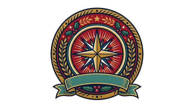 Compass motif illustrates a festive holiday theme with seasonal holly berries and evergreen leaves surrounding a central star, perfect for winter event invitations or seasonal branding materials.