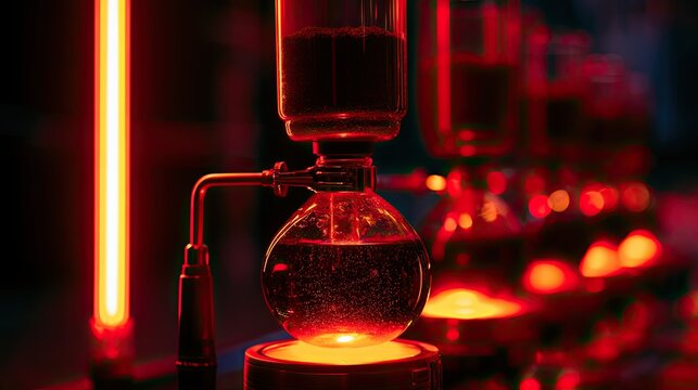 Close-up of a coffee siphon brewing with glowing red lights creating atmosphere