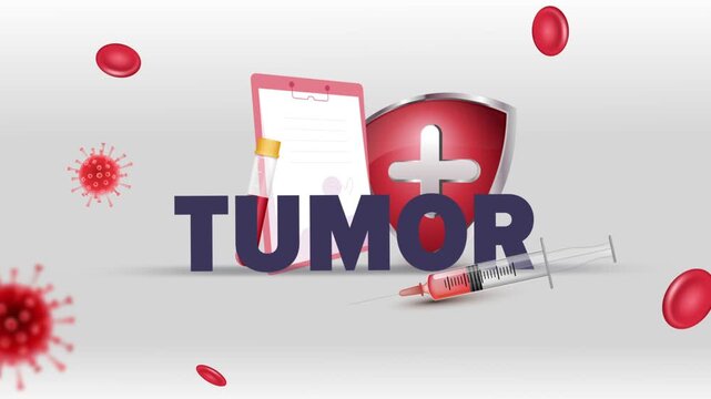 Tumor Typography with Patient Clipboard, Blood Test Tube, Syringe, Red Cross Shield and Red Blood Cells on White Background